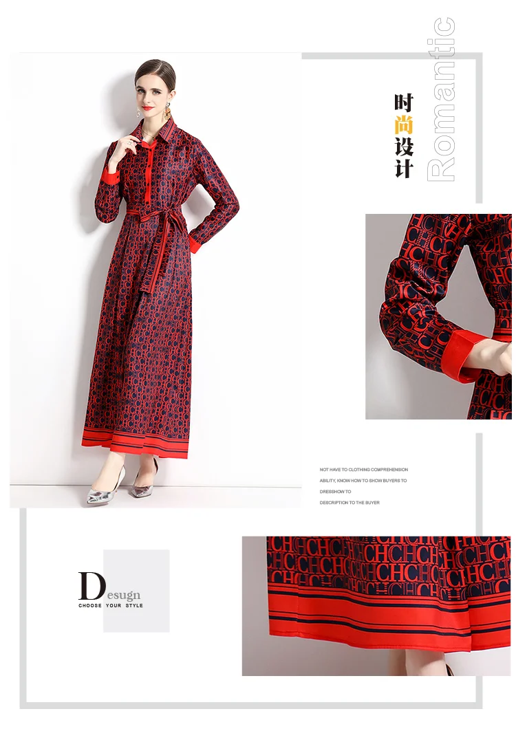 2025 Spring New Silk Satin European and American Fashion Waist slimming Printed Dress with Belt and Knee length Skirt