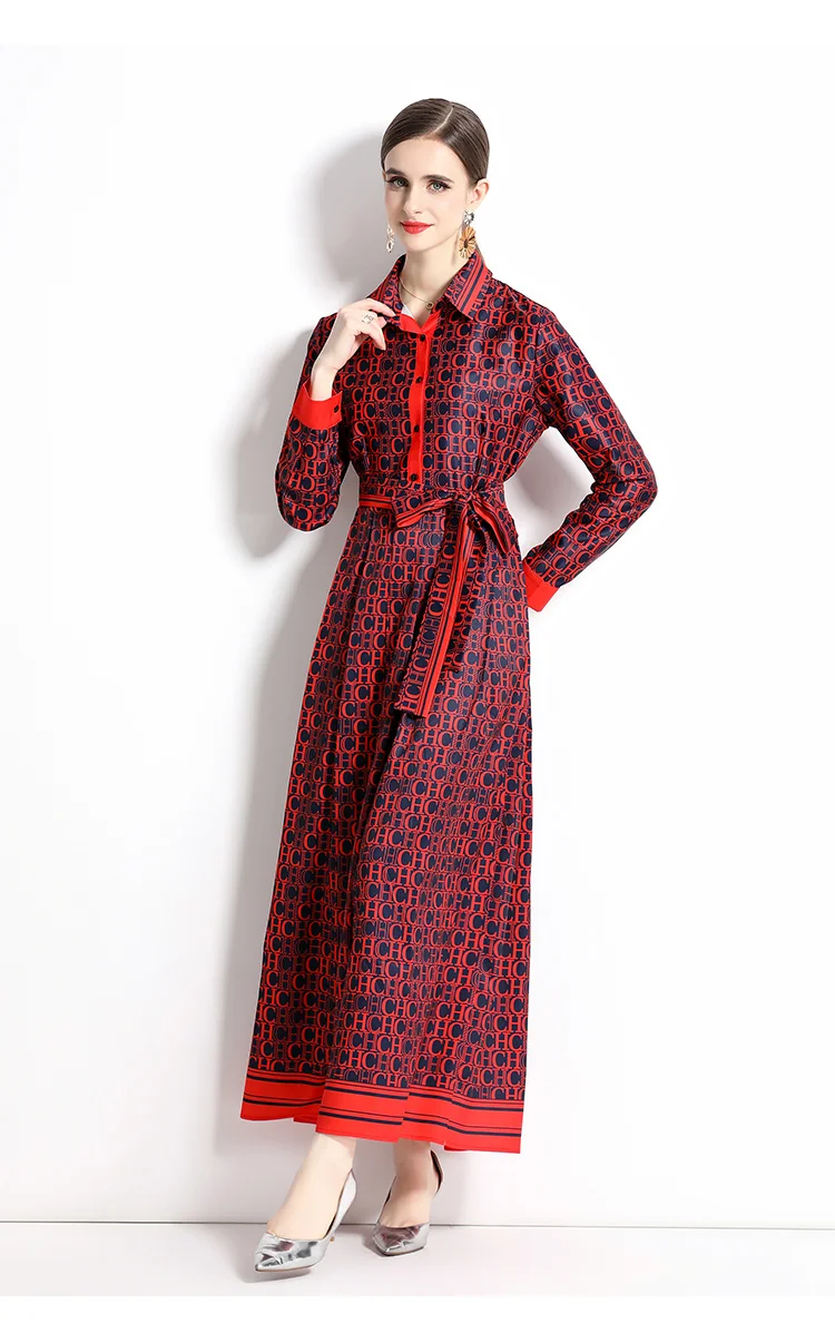 2025 Spring New Silk Satin European and American Fashion Waist slimming Printed Dress with Belt and Knee length Skirt