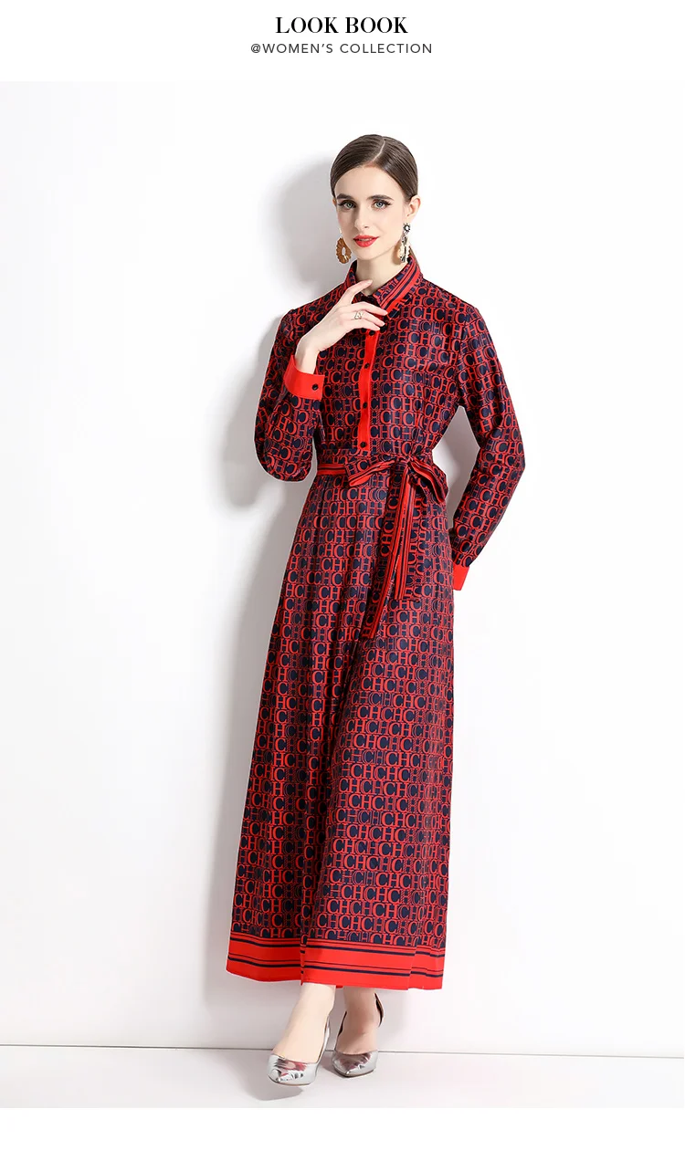 2025 Spring New Silk Satin European and American Fashion Waist slimming Printed Dress with Belt and Knee length Skirt