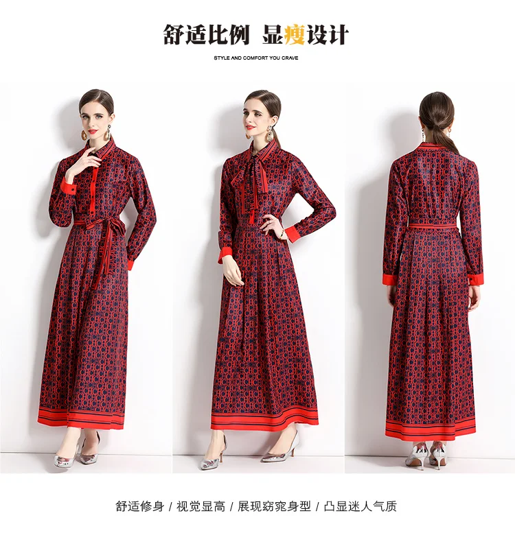 2025 Spring New Silk Satin European and American Fashion Waist slimming Printed Dress with Belt and Knee length Skirt