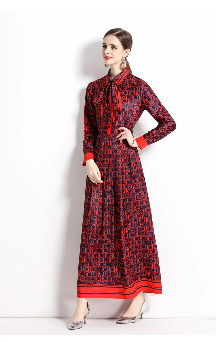 2025 Spring New Silk Satin European and American Fashion Waist slimming Printed Dress with Belt and Knee length Skirt