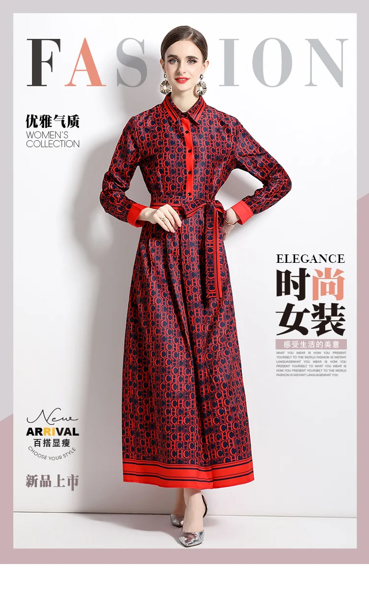 2025 Spring New Silk Satin European and American Fashion Waist slimming Printed Dress with Belt and Knee length Skirt