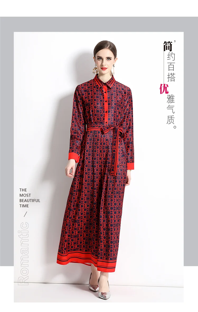 2025 Spring New Silk Satin European and American Fashion Waist slimming Printed Dress with Belt and Knee length Skirt