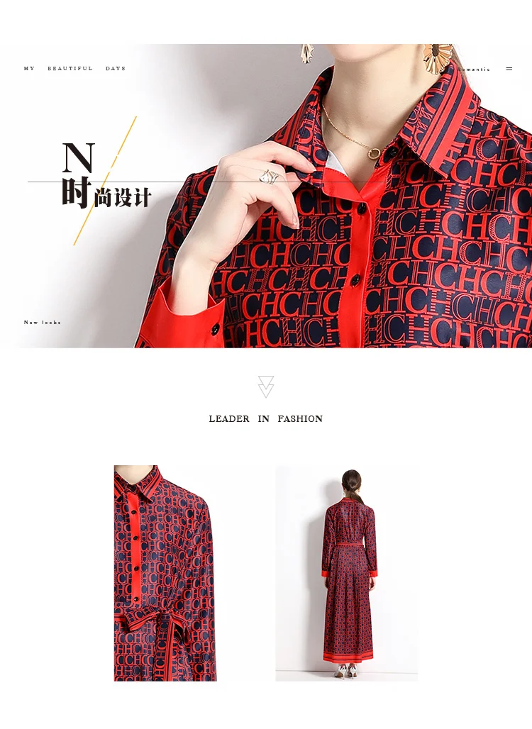 2025 Spring New Silk Satin European and American Fashion Waist slimming Printed Dress with Belt and Knee length Skirt