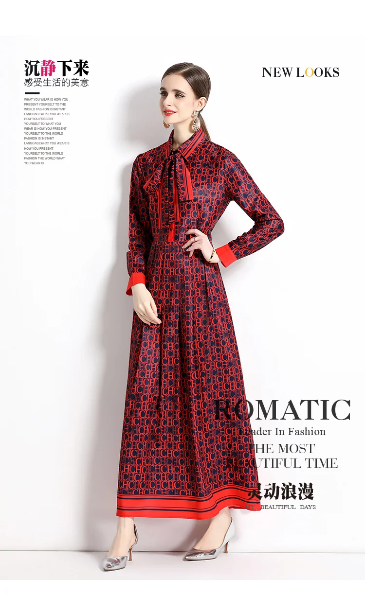 2025 Spring New Silk Satin European and American Fashion Waist slimming Printed Dress with Belt and Knee length Skirt
