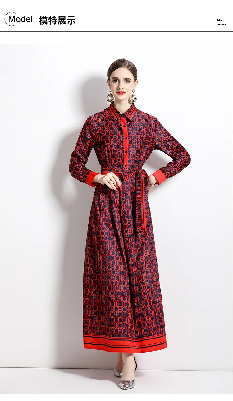 2025 Spring New Silk Satin European and American Fashion Waist slimming Printed Dress with Belt and Knee length Skirt