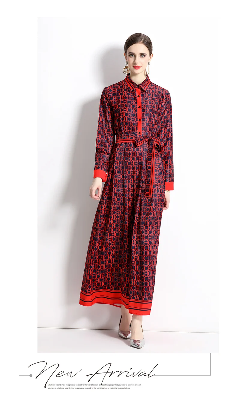 2025 Spring New Silk Satin European and American Fashion Waist slimming Printed Dress with Belt and Knee length Skirt