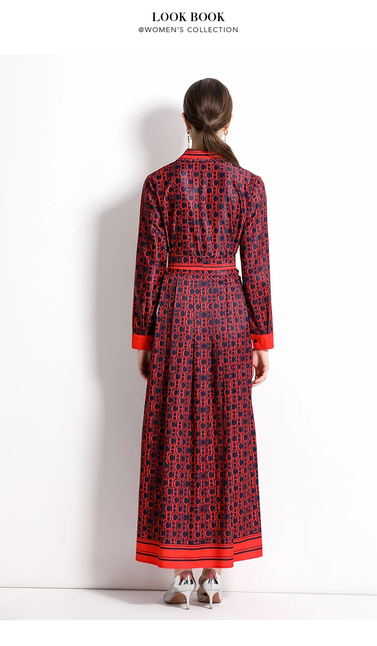 2025 Spring New Silk Satin European and American Fashion Waist slimming Printed Dress with Belt and Knee length Skirt
