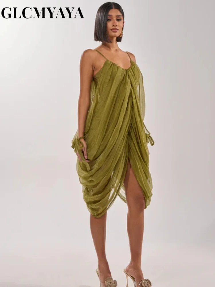 CM.YAYA Women Sheer Mesh Draped Plunging Neck Mini Slip-style Midi Dress 2026 Summer Holiday Birthday Vacation High-low Dresses