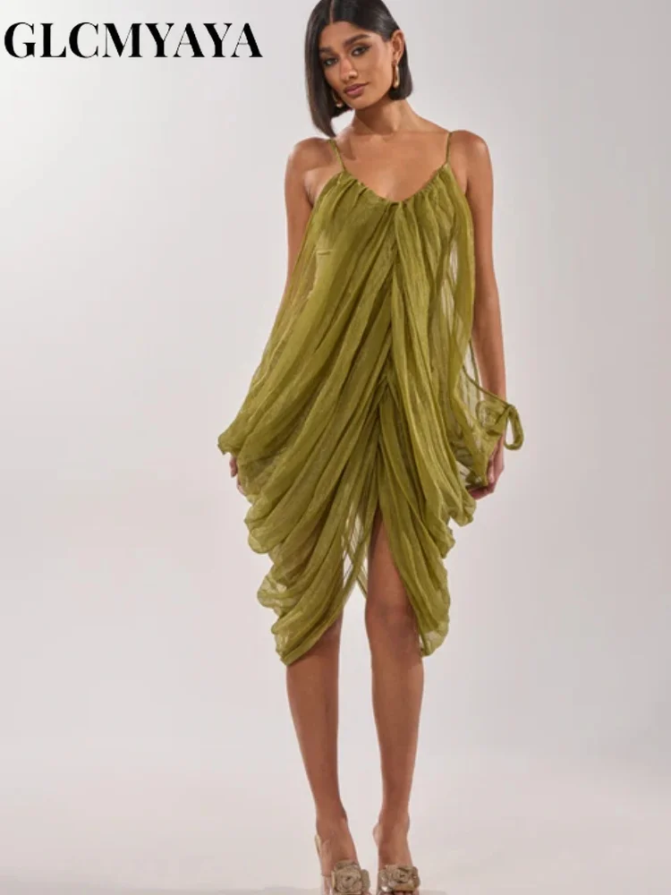 CM.YAYA Women Sheer Mesh Draped Plunging Neck Mini Slip-style Midi Dress 2026 Summer Holiday Birthday Vacation High-low Dresses