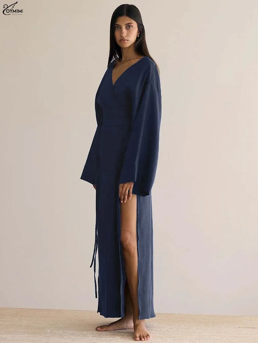 Oymimi Fashion Borwn Cotton Women's Dress Elegant V-Neck Long Sleeve Lace-Up Dresses Casual New Side Slit Ankle-Length Dresses