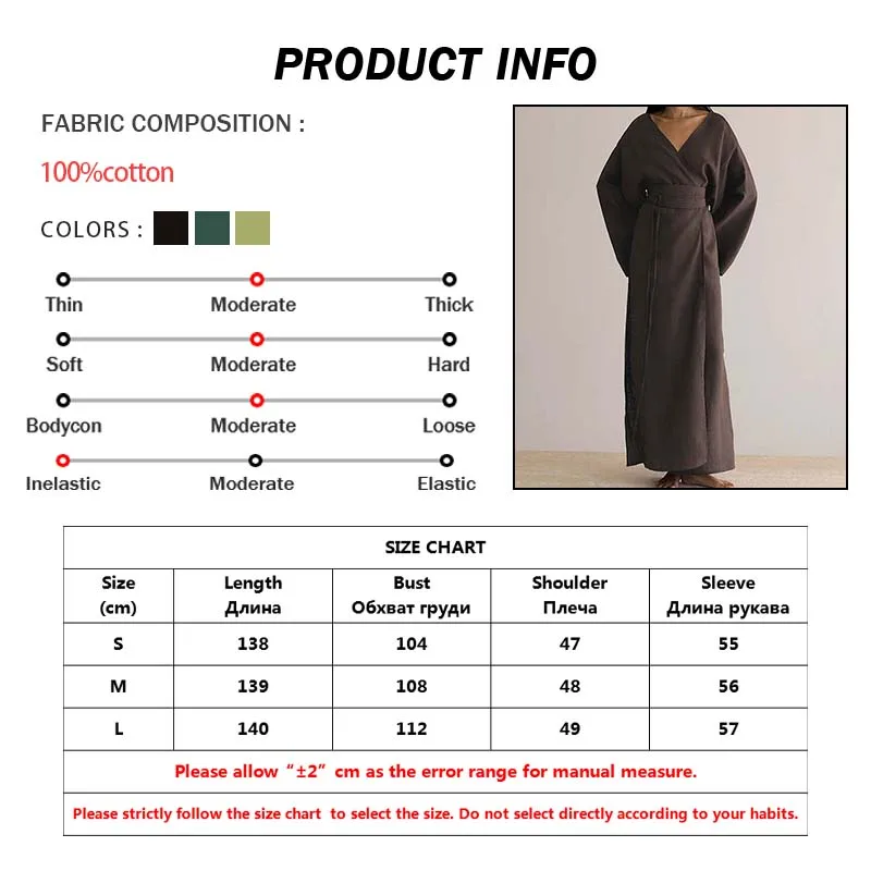 Oymimi Fashion Borwn Cotton Women's Dress Elegant V-Neck Long Sleeve Lace-Up Dresses Casual New Side Slit Ankle-Length Dresses