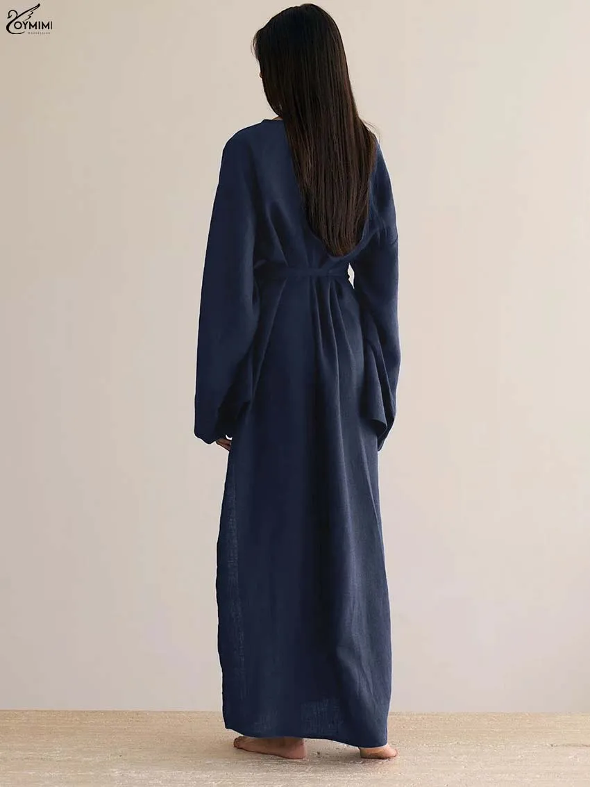 Oymimi Fashion Borwn Cotton Women's Dress Elegant V-Neck Long Sleeve Lace-Up Dresses Casual New Side Slit Ankle-Length Dresses