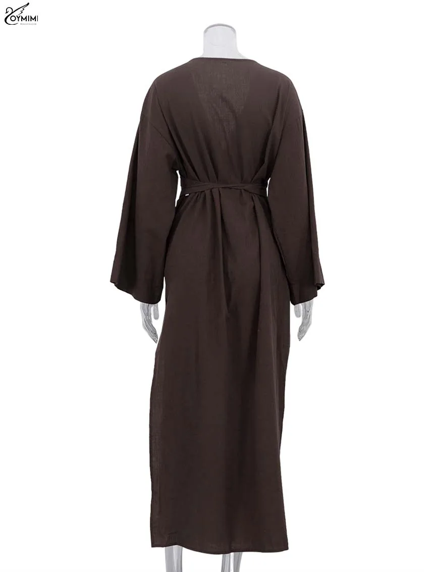 Oymimi Fashion Borwn Cotton Women's Dress Elegant V-Neck Long Sleeve Lace-Up Dresses Casual New Side Slit Ankle-Length Dresses