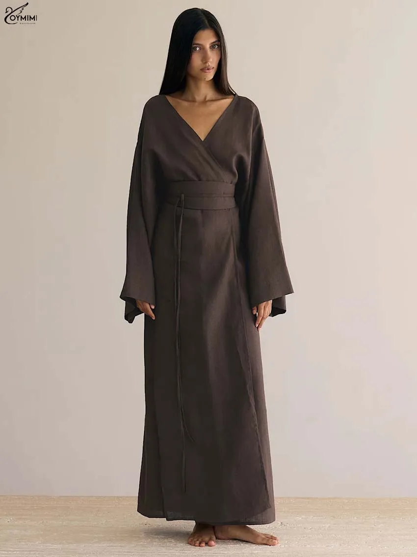 Oymimi Fashion Borwn Cotton Women's Dress Elegant V-Neck Long Sleeve Lace-Up Dresses Casual New Side Slit Ankle-Length Dresses