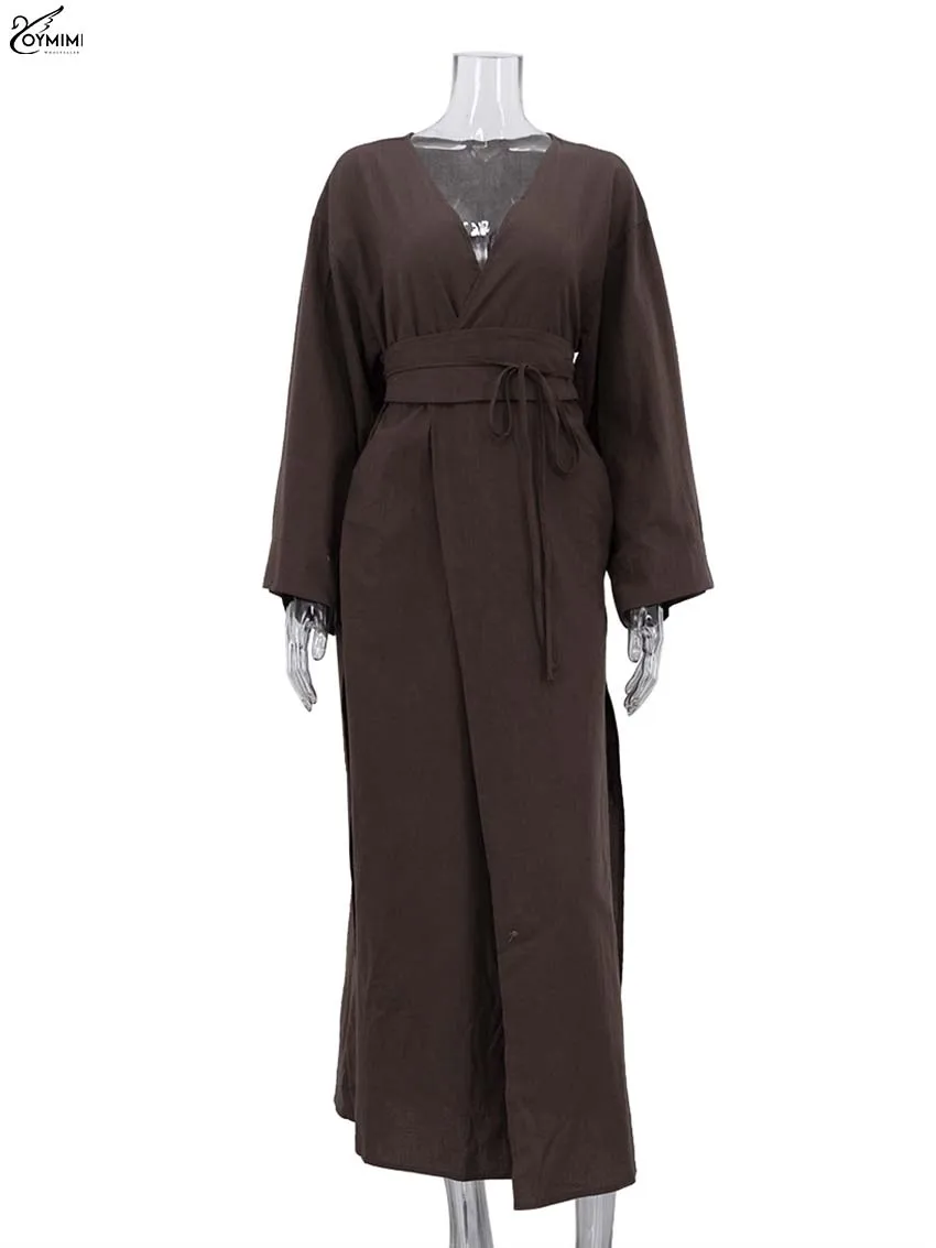Oymimi Fashion Borwn Cotton Women's Dress Elegant V-Neck Long Sleeve Lace-Up Dresses Casual New Side Slit Ankle-Length Dresses