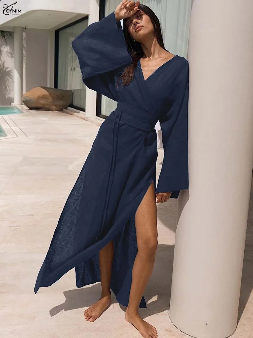 Oymimi Fashion Borwn Cotton Women's Dress Elegant V-Neck Long Sleeve Lace-Up Dresses Casual New Side Slit Ankle-Length Dresses