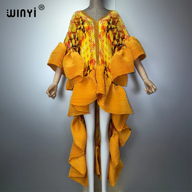 WINYI Summer Pleated Elastic Maxi Kaftan Boho Evening Dress Elegant Beach Cover Up Luxury Party Dress Dubai Style Abaya