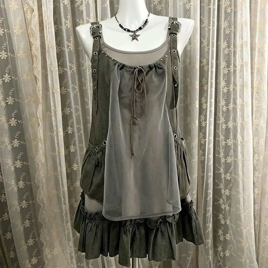 Vintage Y2K Two-Piece Outfit Strap Dress Mesh Layered Cami Ruffle Hem Japanese Harajuku Subculture Summer Casual Minidress Set