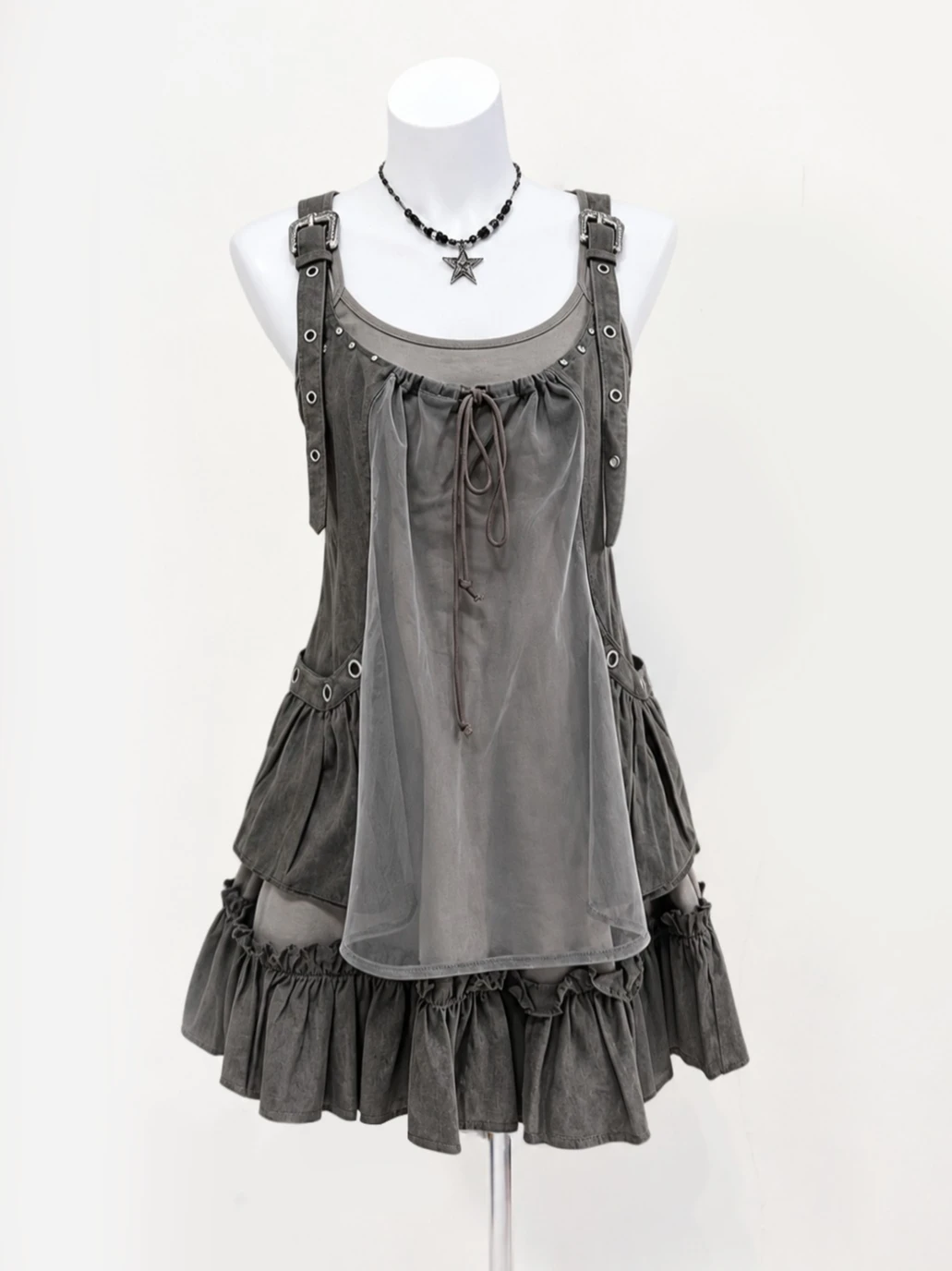 Vintage Y2K Two-Piece Outfit Strap Dress Mesh Layered Cami Ruffle Hem Japanese Harajuku Subculture Summer Casual Minidress Set