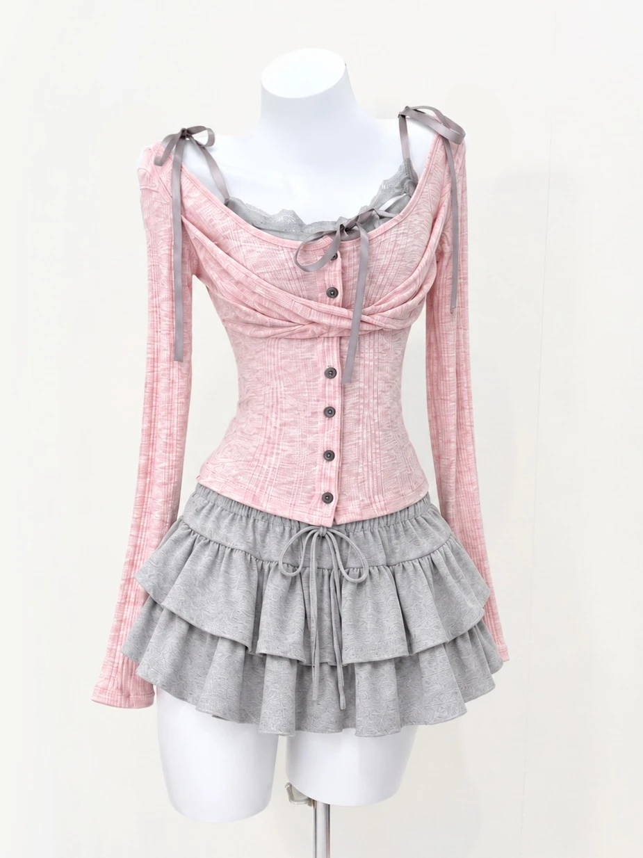 Vintage Y2K Two-Piece Outfit Strap Dress Mesh Layered Cami Ruffle Hem Japanese Harajuku Subculture Summer Casual Minidress Set