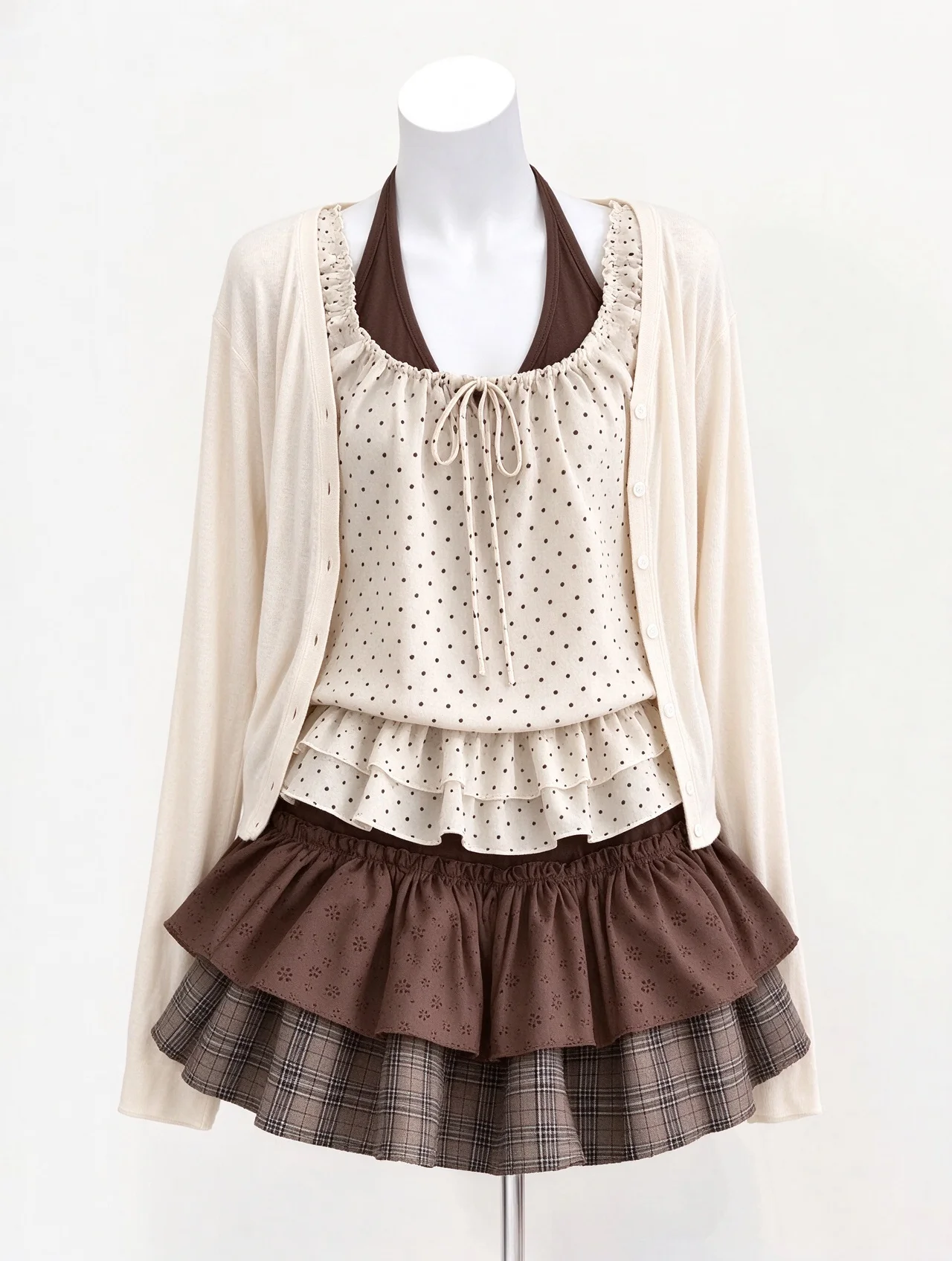 Vintage Y2K Two-Piece Outfit Strap Dress Mesh Layered Cami Ruffle Hem Japanese Harajuku Subculture Summer Casual Minidress Set