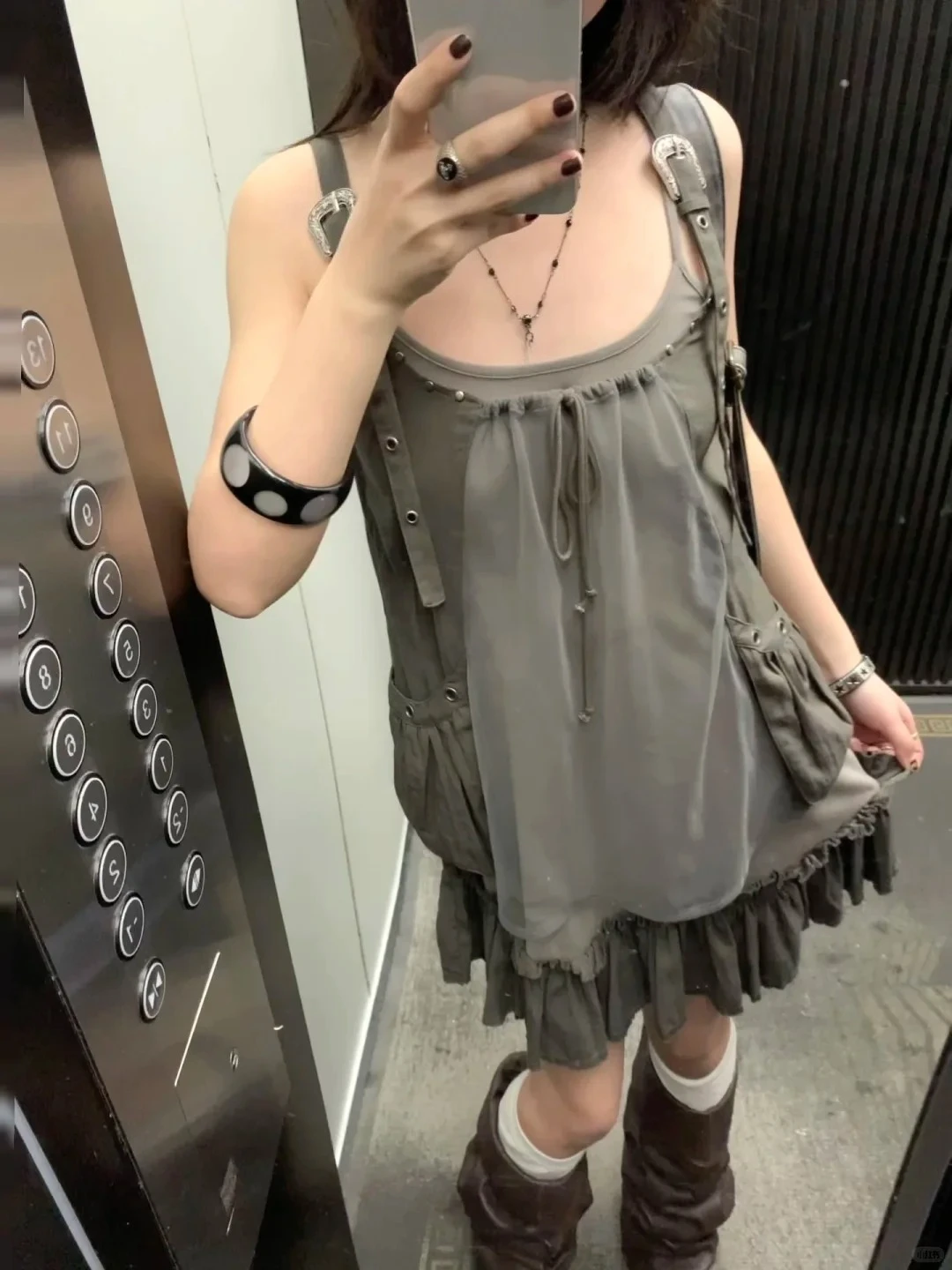 Vintage Y2K Two-Piece Outfit Strap Dress Mesh Layered Cami Ruffle Hem Japanese Harajuku Subculture Summer Casual Minidress Set