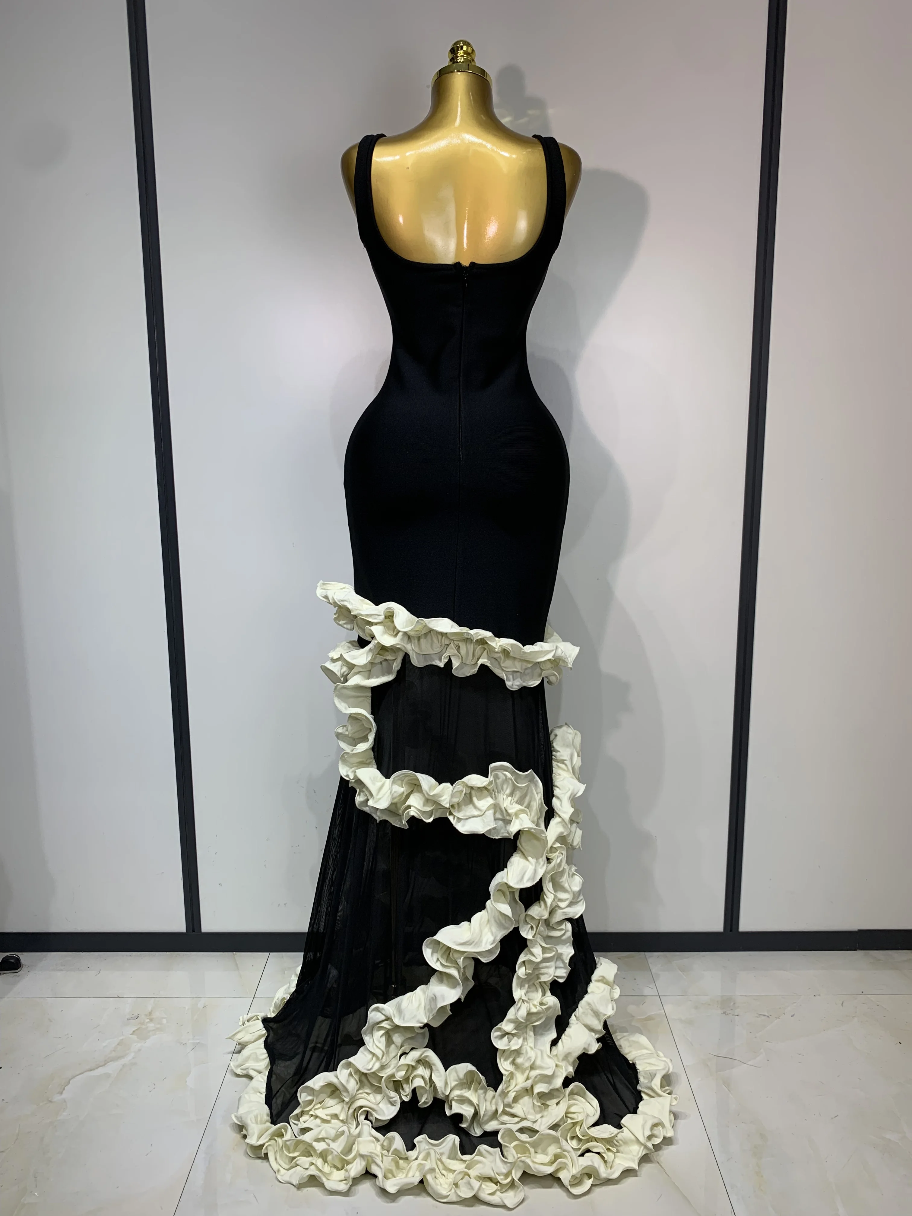 Women Black Sleeveless Ruffles Patchwork Maxi Bandage Dress 2025 Celebrity Elegant Evening Party Gowns Fashion Show Outfit