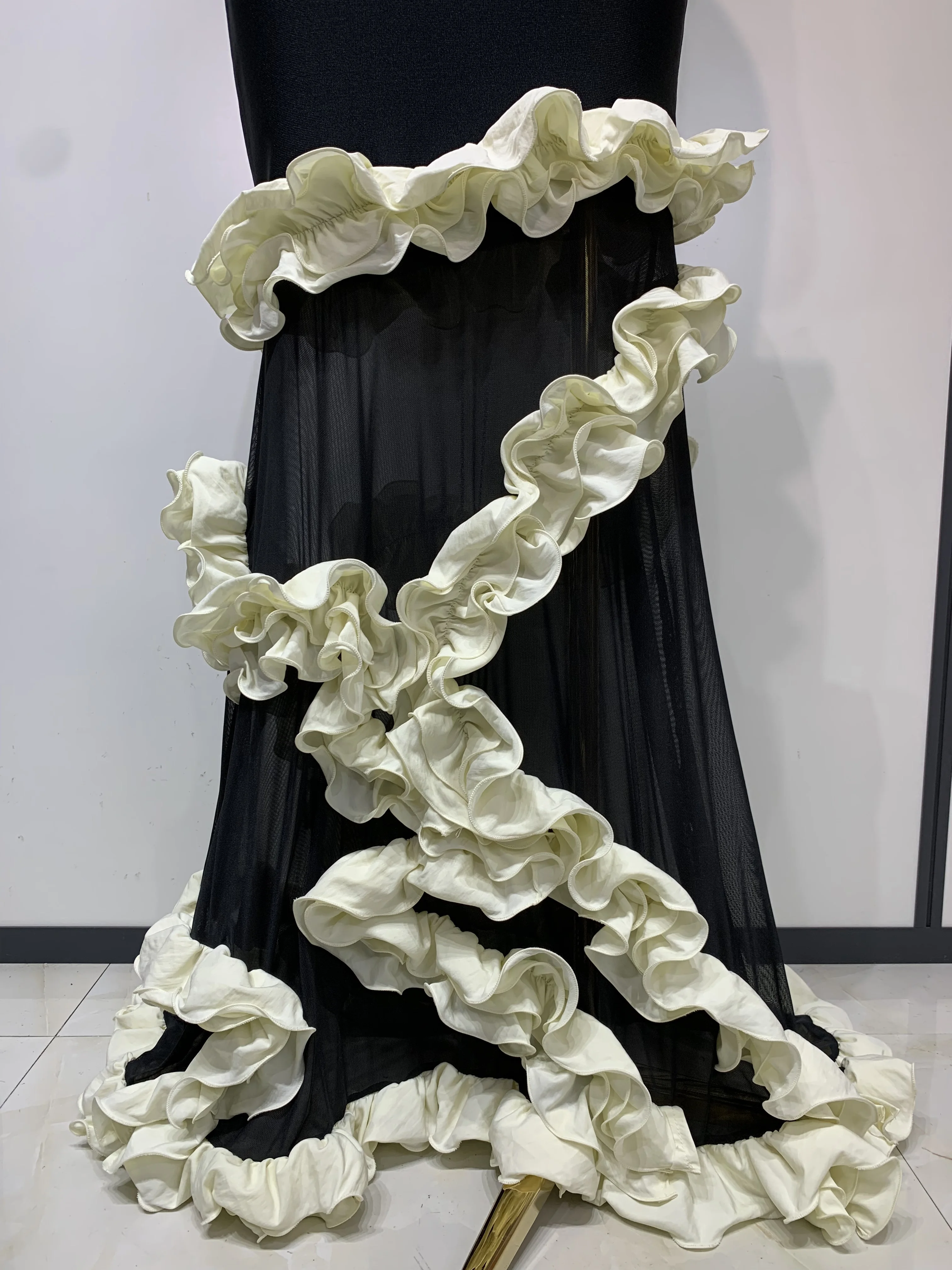 Women Black Sleeveless Ruffles Patchwork Maxi Bandage Dress 2025 Celebrity Elegant Evening Party Gowns Fashion Show Outfit