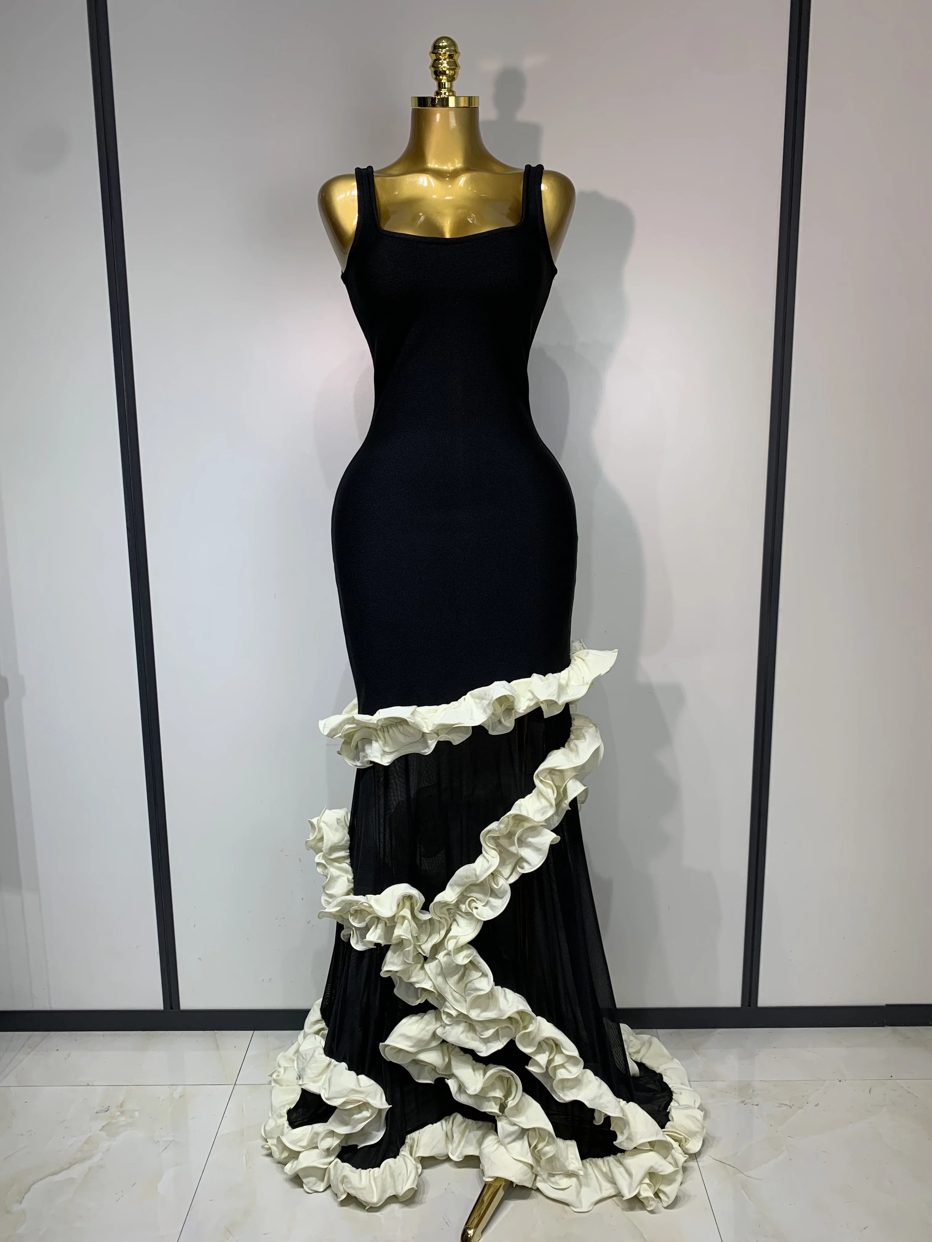 Women Black Sleeveless Ruffles Patchwork Maxi Bandage Dress 2025 Celebrity Elegant Evening Party Gowns Fashion Show Outfit