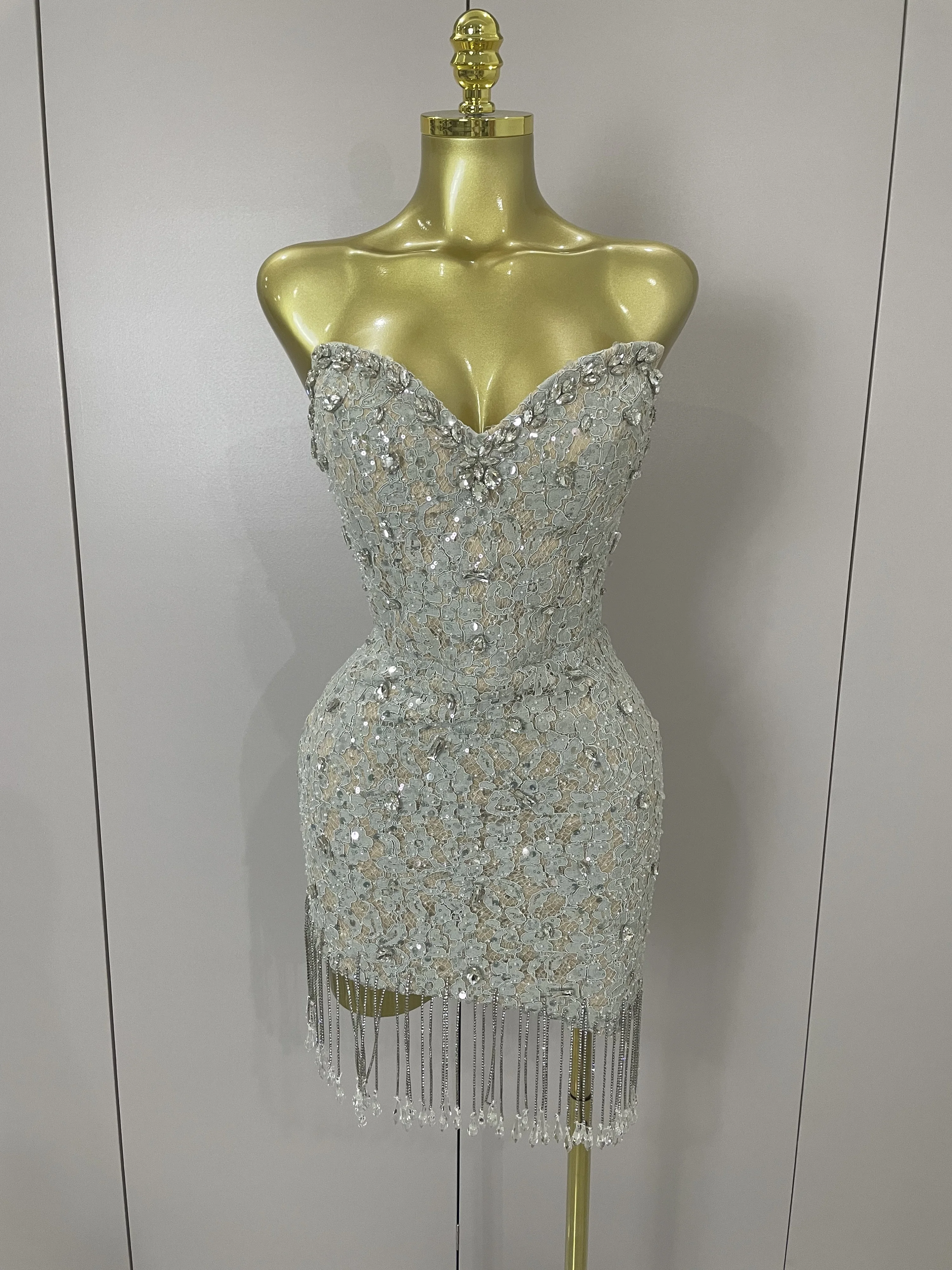 Luxury Sparkle Diamond Tassel Halter Cocktail Dress 2025 Women Elegant Evening Formal Gowns Wedding Party Dresses Stage Costumes