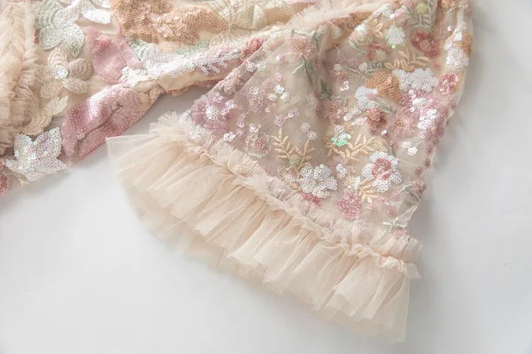 IEQJ Fashion Pink Embroidered Sequins Dress Women's Round Neck Ruffles Half Sleeves Ankle-length Dresses New 3A132