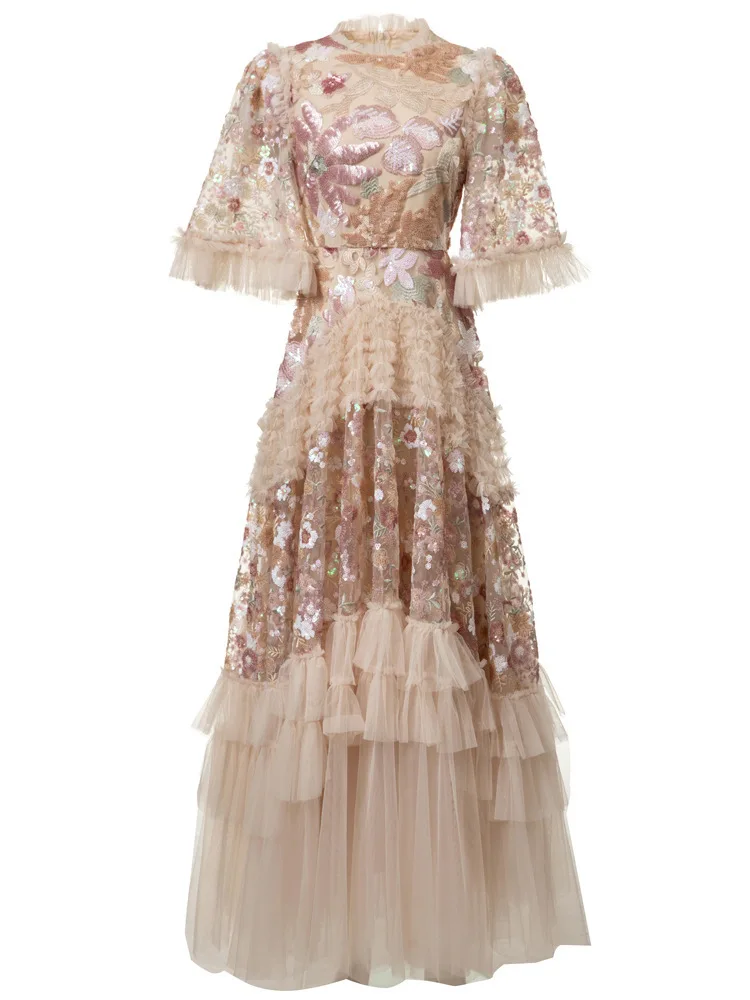 IEQJ Fashion Pink Embroidered Sequins Dress Women's Round Neck Ruffles Half Sleeves Ankle-length Dresses New 3A132