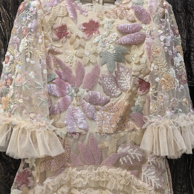 IEQJ Fashion Pink Embroidered Sequins Dress Women's Round Neck Ruffles Half Sleeves Ankle-length Dresses New 3A132
