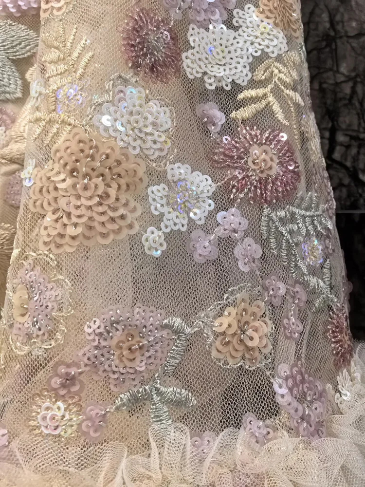 IEQJ Fashion Pink Embroidered Sequins Dress Women's Round Neck Ruffles Half Sleeves Ankle-length Dresses New 3A132