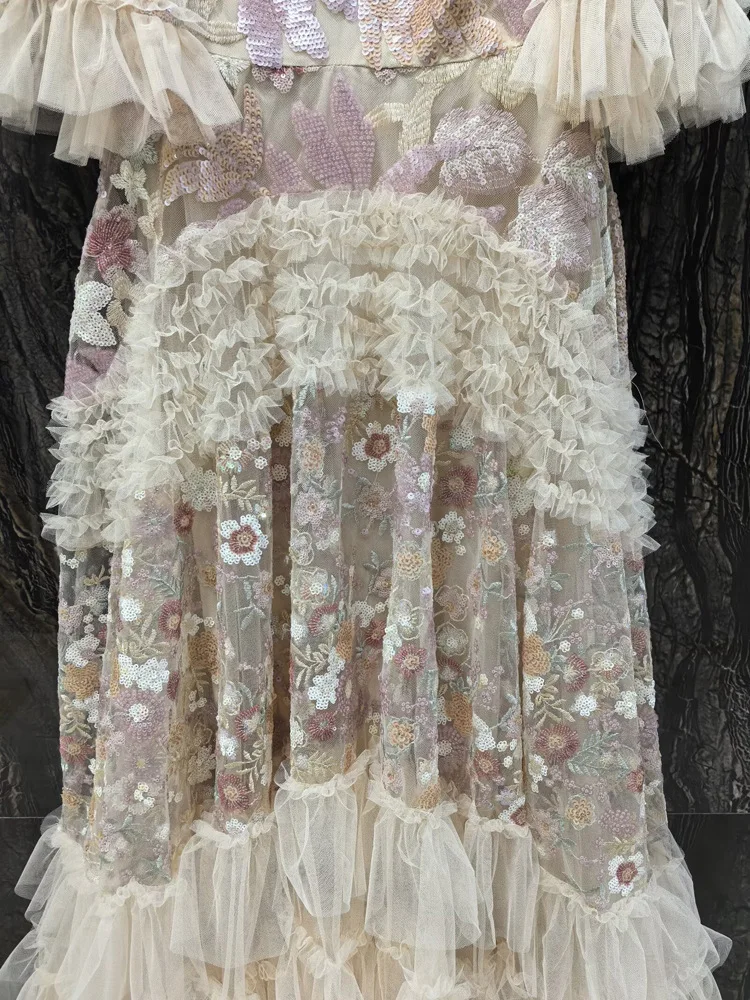 IEQJ Fashion Pink Embroidered Sequins Dress Women's Round Neck Ruffles Half Sleeves Ankle-length Dresses New 3A132