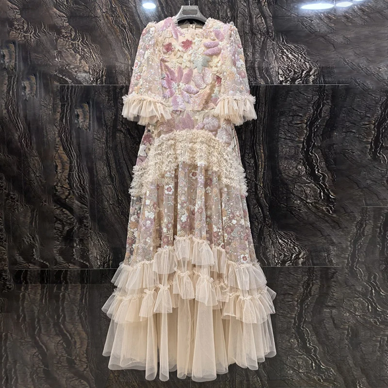 IEQJ Fashion Pink Embroidered Sequins Dress Women's Round Neck Ruffles Half Sleeves Ankle-length Dresses New 3A132
