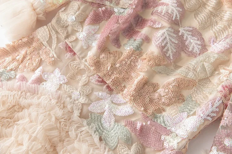 IEQJ Fashion Pink Embroidered Sequins Dress Women's Round Neck Ruffles Half Sleeves Ankle-length Dresses New 3A132