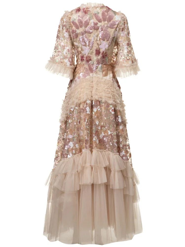 IEQJ Fashion Pink Embroidered Sequins Dress Women's Round Neck Ruffles Half Sleeves Ankle-length Dresses New 3A132