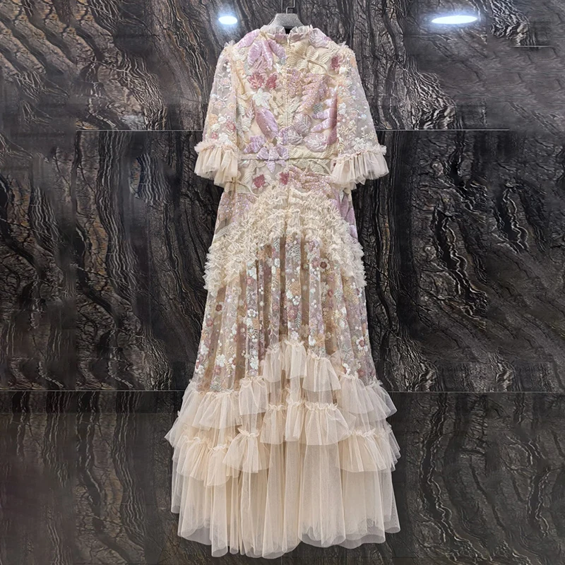 IEQJ Fashion Pink Embroidered Sequins Dress Women's Round Neck Ruffles Half Sleeves Ankle-length Dresses New 3A132
