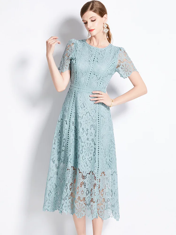 SMTHMA Vintage High-End O-Neck Short Sleeve Lace Hollow Out Dress For Women's Summer Slim Elegant Long Dress Female Clothing