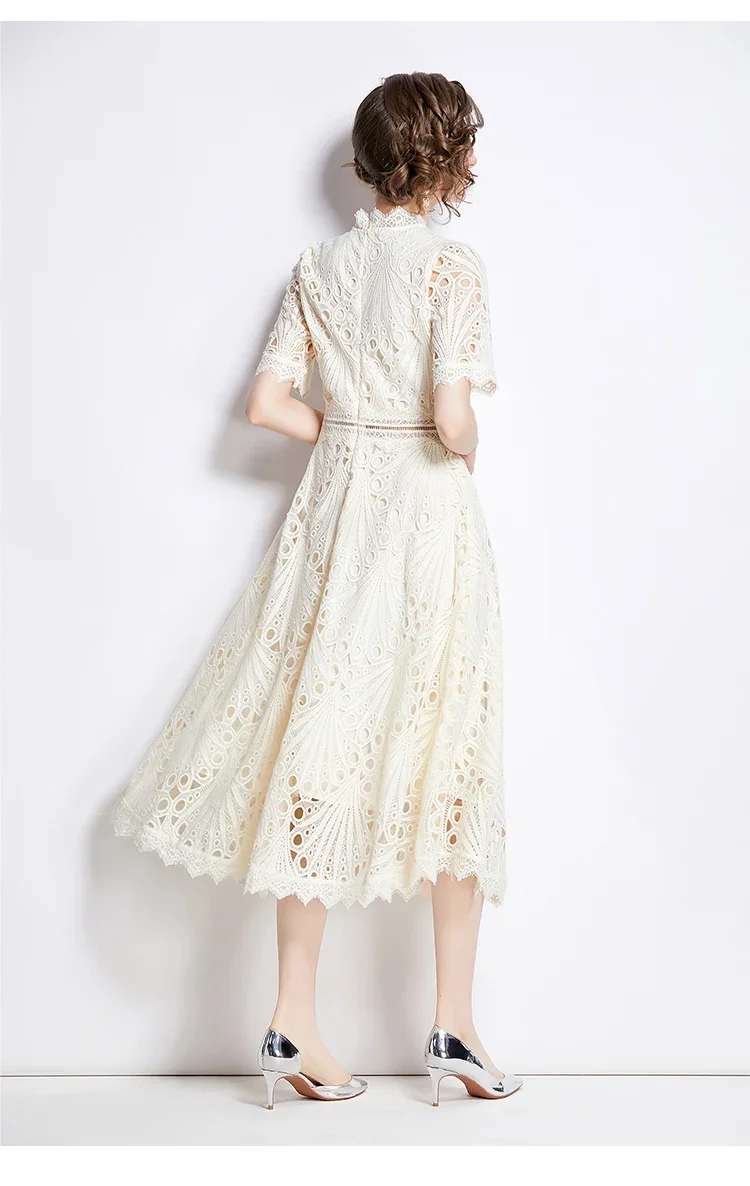 SMTHMA Vintage High-End O-Neck Short Sleeve Lace Hollow Out Dress For Women's Summer Slim Elegant Long Dress Female Clothing