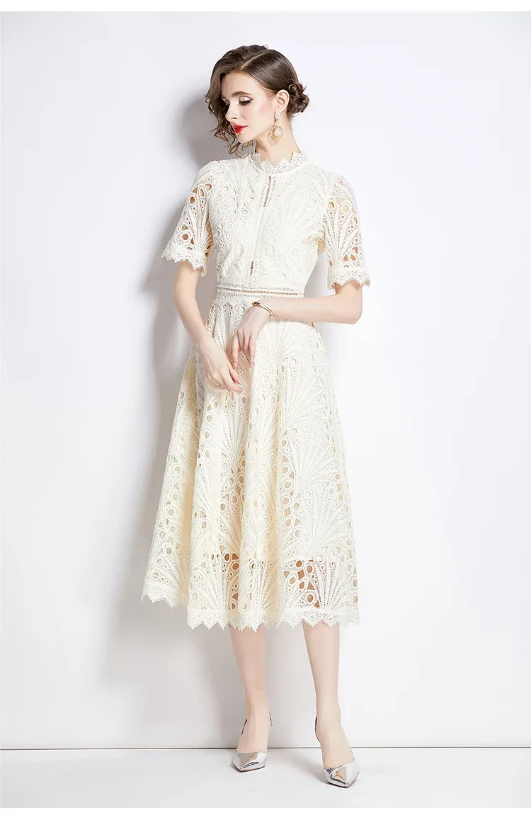 SMTHMA Vintage High-End O-Neck Short Sleeve Lace Hollow Out Dress For Women's Summer Slim Elegant Long Dress Female Clothing