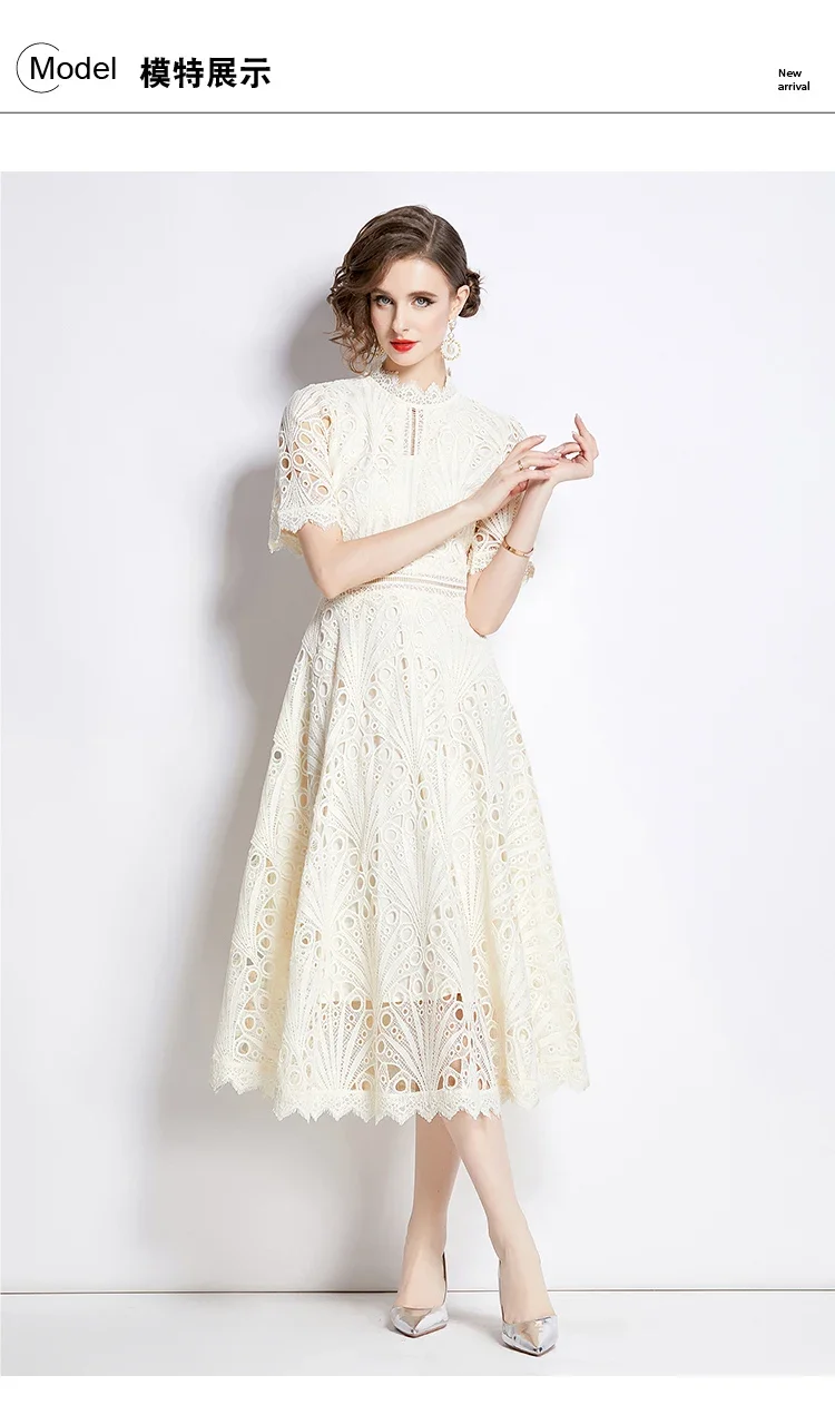 SMTHMA Vintage High-End O-Neck Short Sleeve Lace Hollow Out Dress For Women's Summer Slim Elegant Long Dress Female Clothing