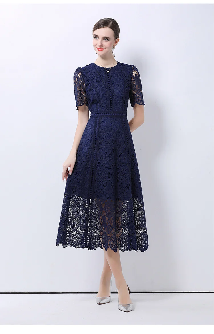 SMTHMA Vintage High-End O-Neck Short Sleeve Lace Hollow Out Dress For Women's Summer Slim Elegant Long Dress Female Clothing