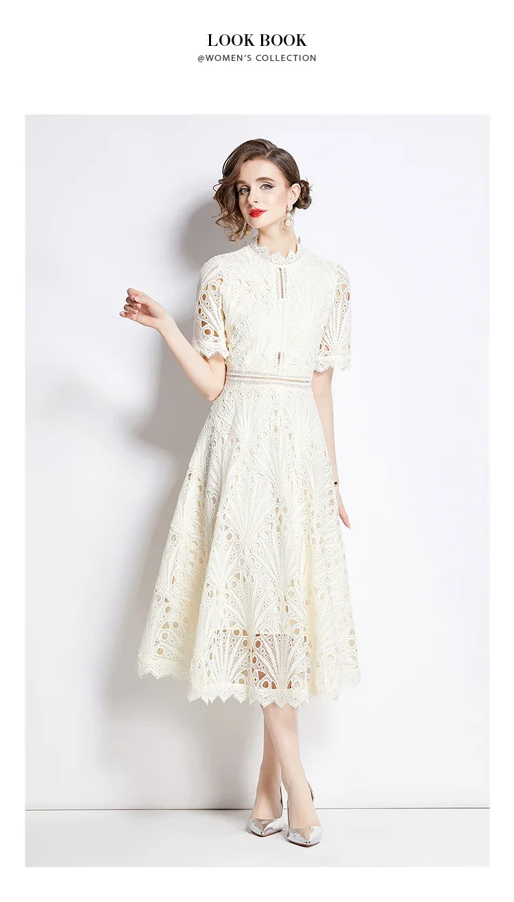 SMTHMA Vintage High-End O-Neck Short Sleeve Lace Hollow Out Dress For Women's Summer Slim Elegant Long Dress Female Clothing