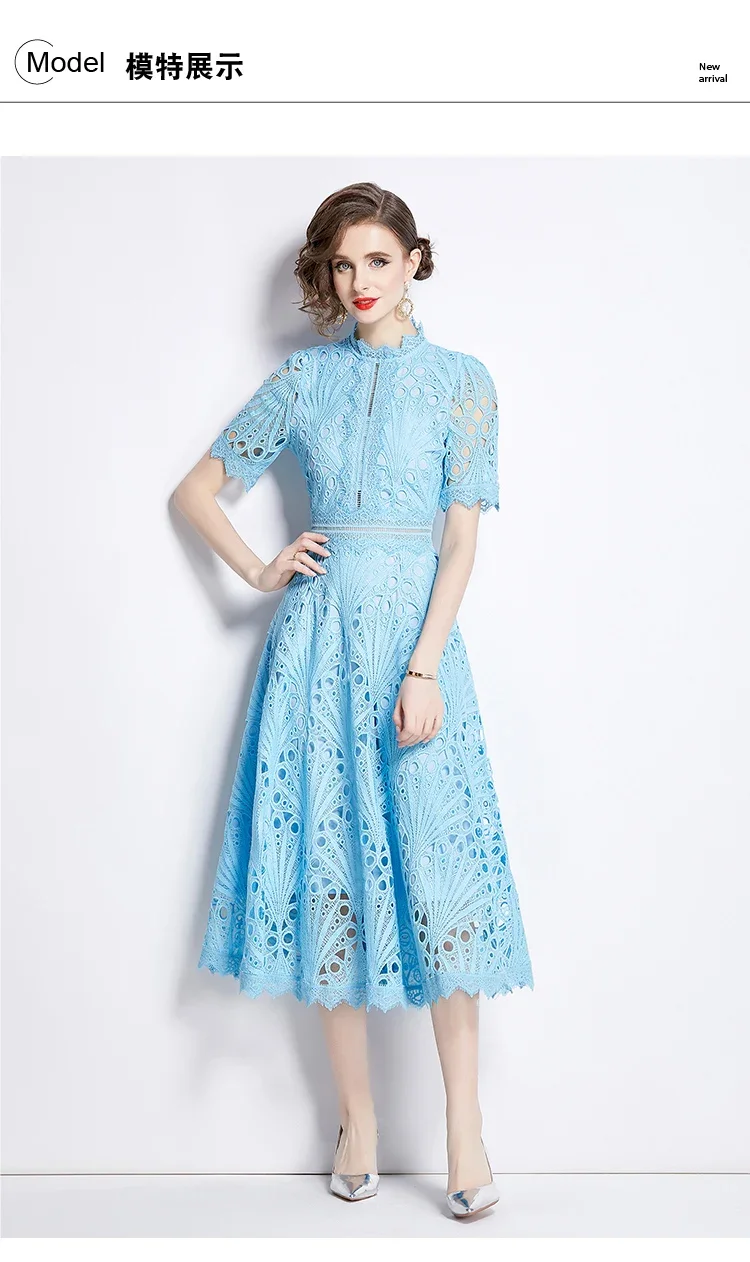 SMTHMA Vintage High-End O-Neck Short Sleeve Lace Hollow Out Dress For Women's Summer Slim Elegant Long Dress Female Clothing