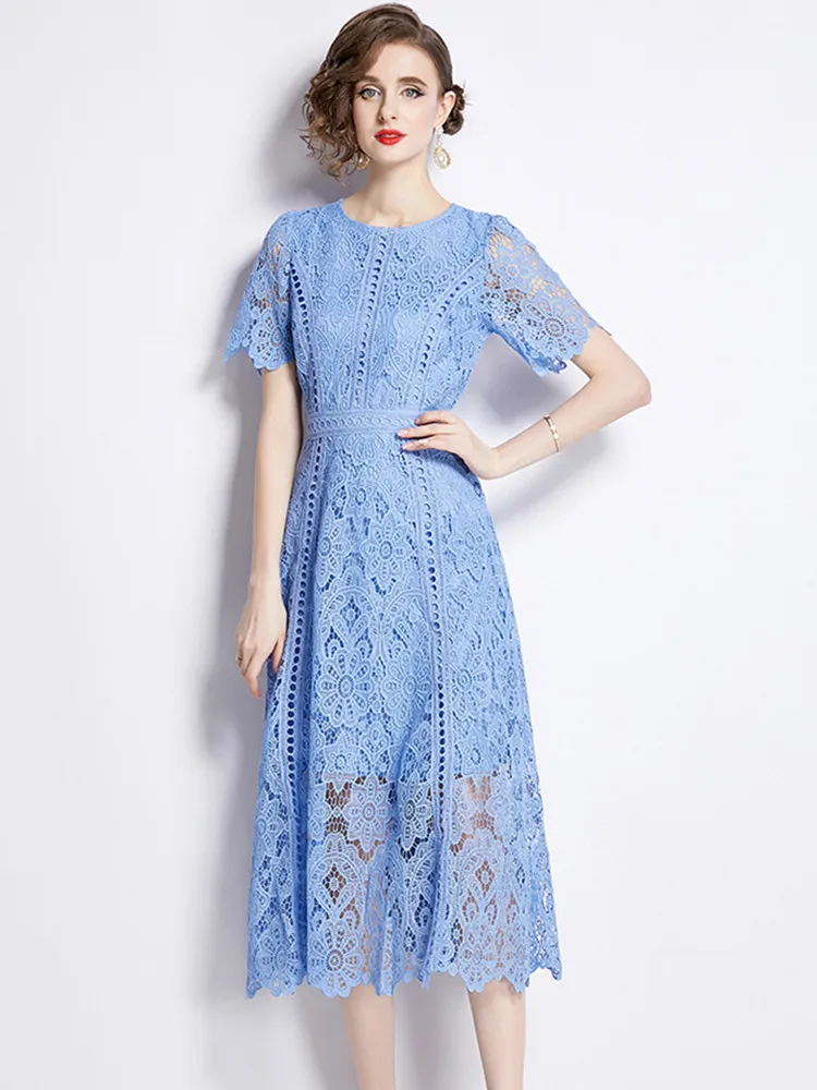 SMTHMA Vintage High-End O-Neck Short Sleeve Lace Hollow Out Dress For Women's Summer Slim Elegant Long Dress Female Clothing