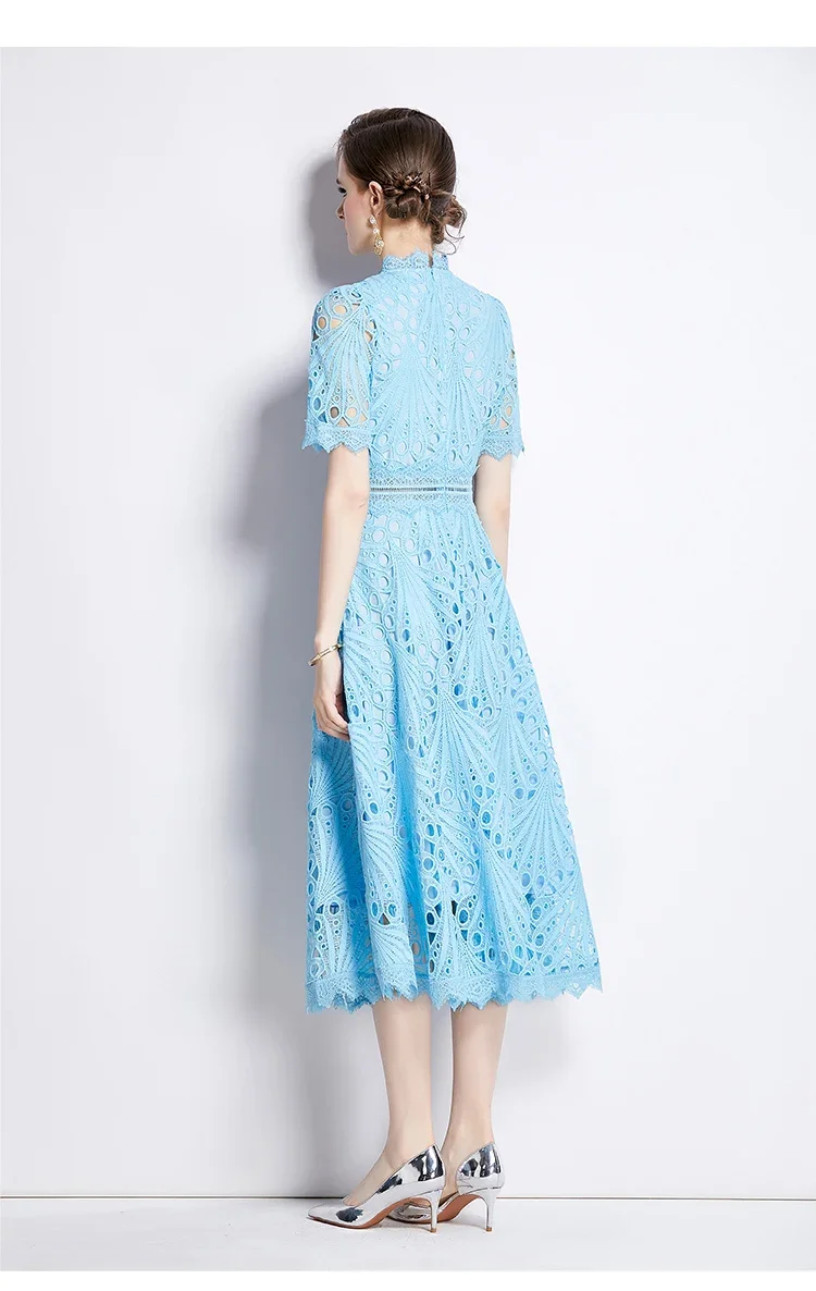 SMTHMA Vintage High-End O-Neck Short Sleeve Lace Hollow Out Dress For Women's Summer Slim Elegant Long Dress Female Clothing
