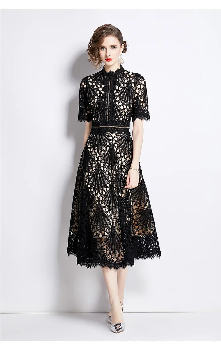 SMTHMA Vintage High-End O-Neck Short Sleeve Lace Hollow Out Dress For Women's Summer Slim Elegant Long Dress Female Clothing